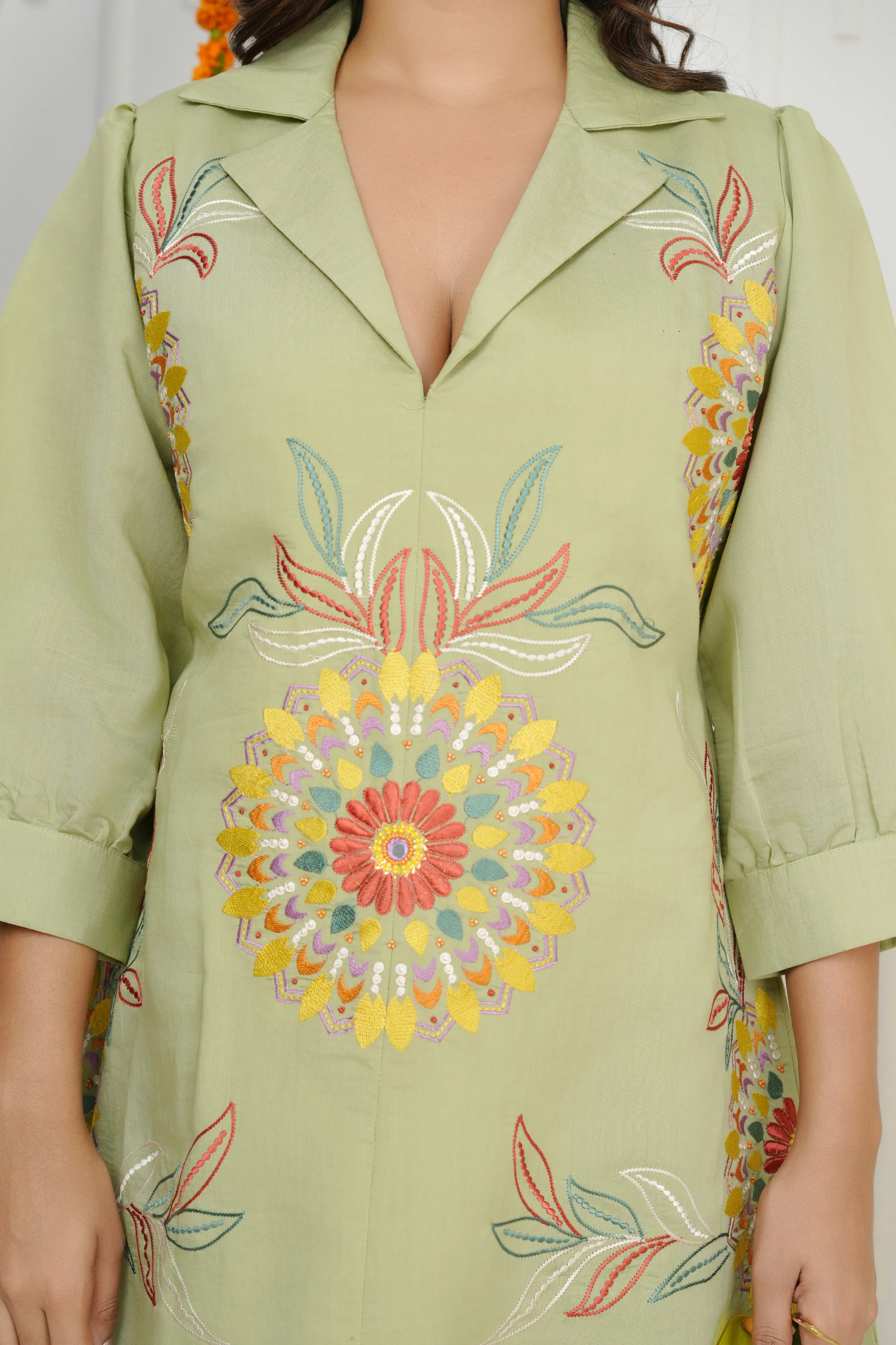 Pista Green Floral Embroidered Co-ord Set in Roman Silk