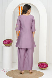 Lilac Lavender Embroidered A-Line Co-ord Set in Roman silk