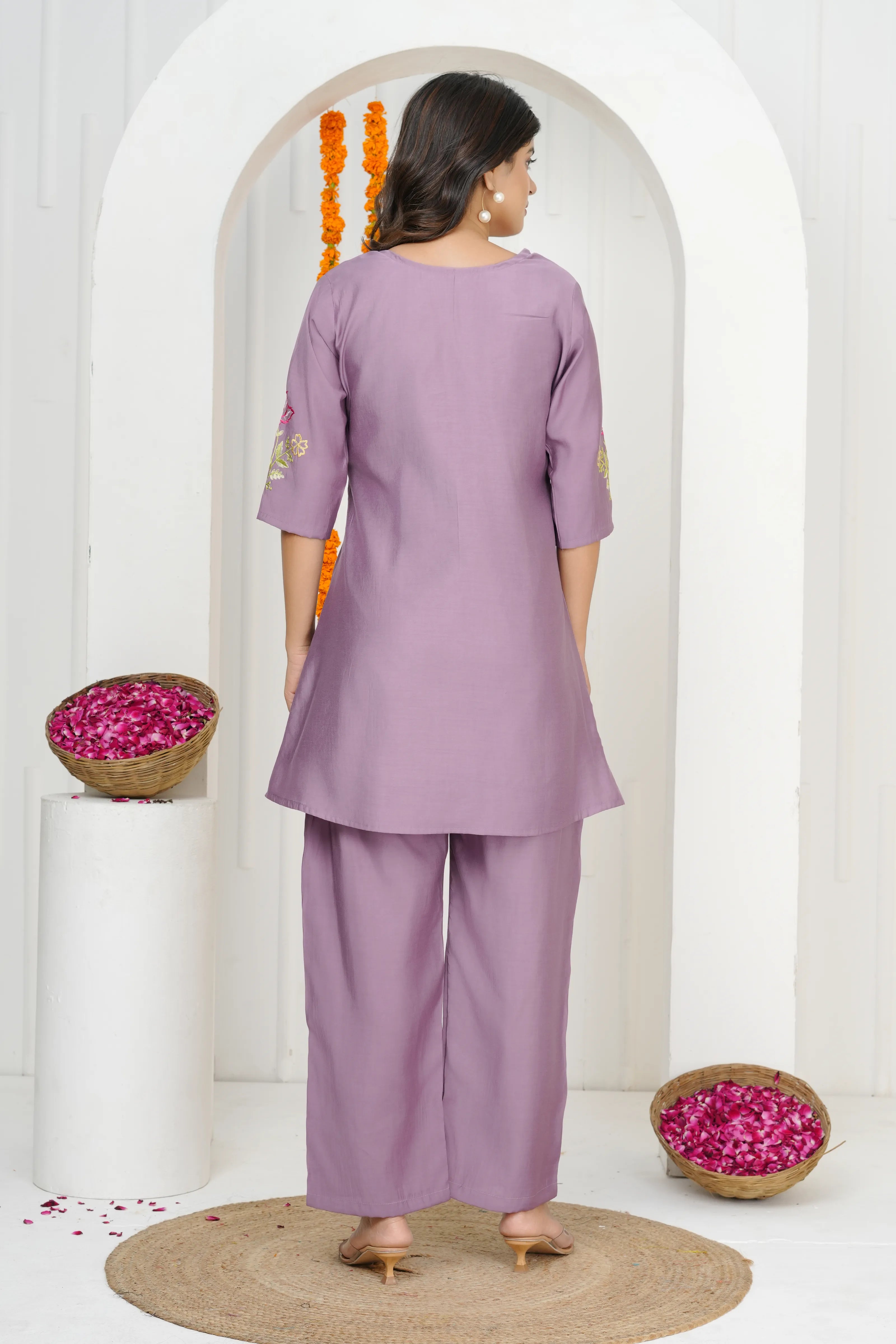 Lilac Lavender Embroidered A-Line Co-ord Set in Roman silk