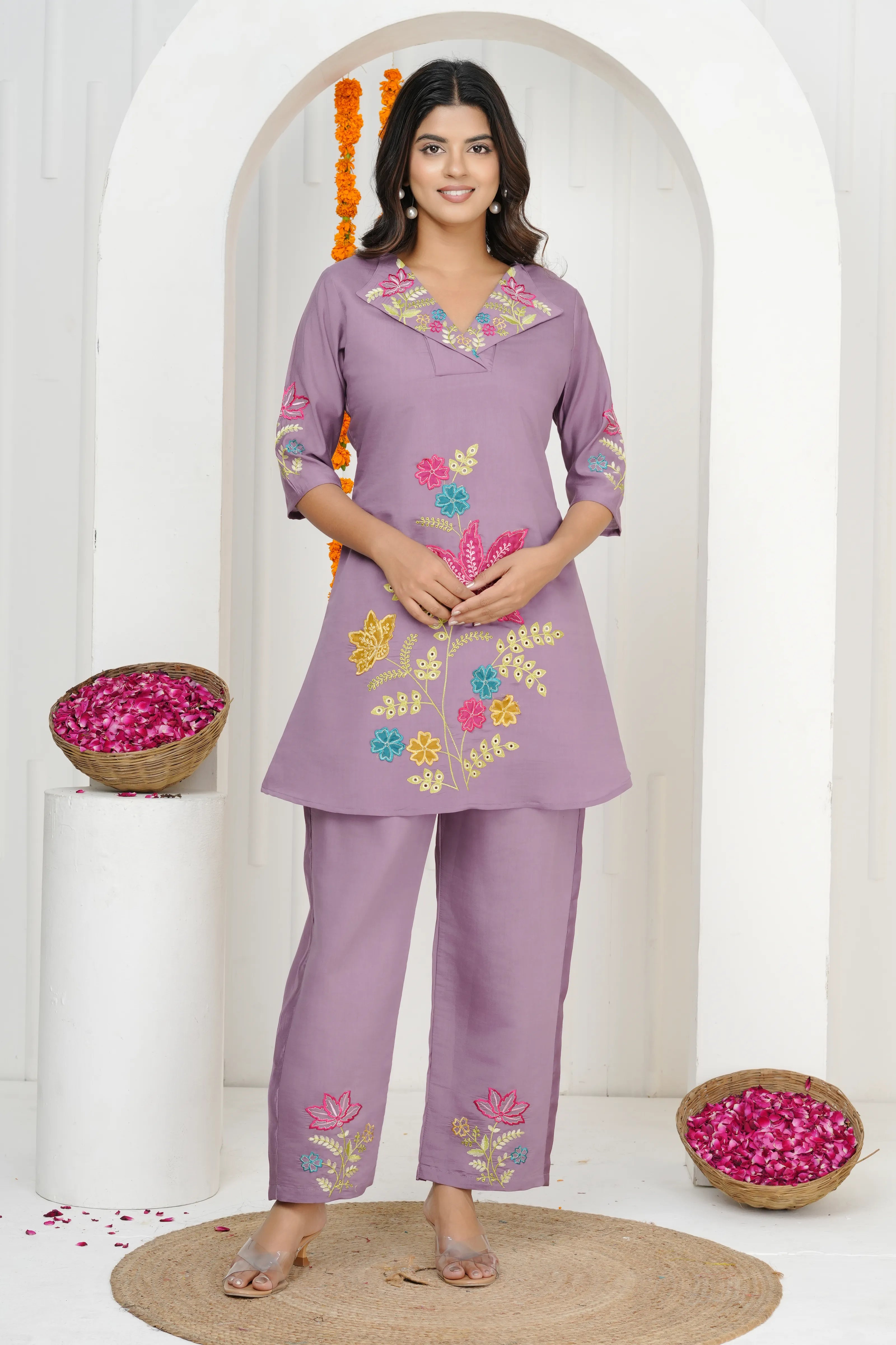 Lilac Lavender Embroidered A-Line Co-ord Set in Roman silk