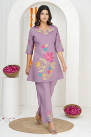 Lilac Lavender Embroidered A-Line Co-ord Set in Roman silk