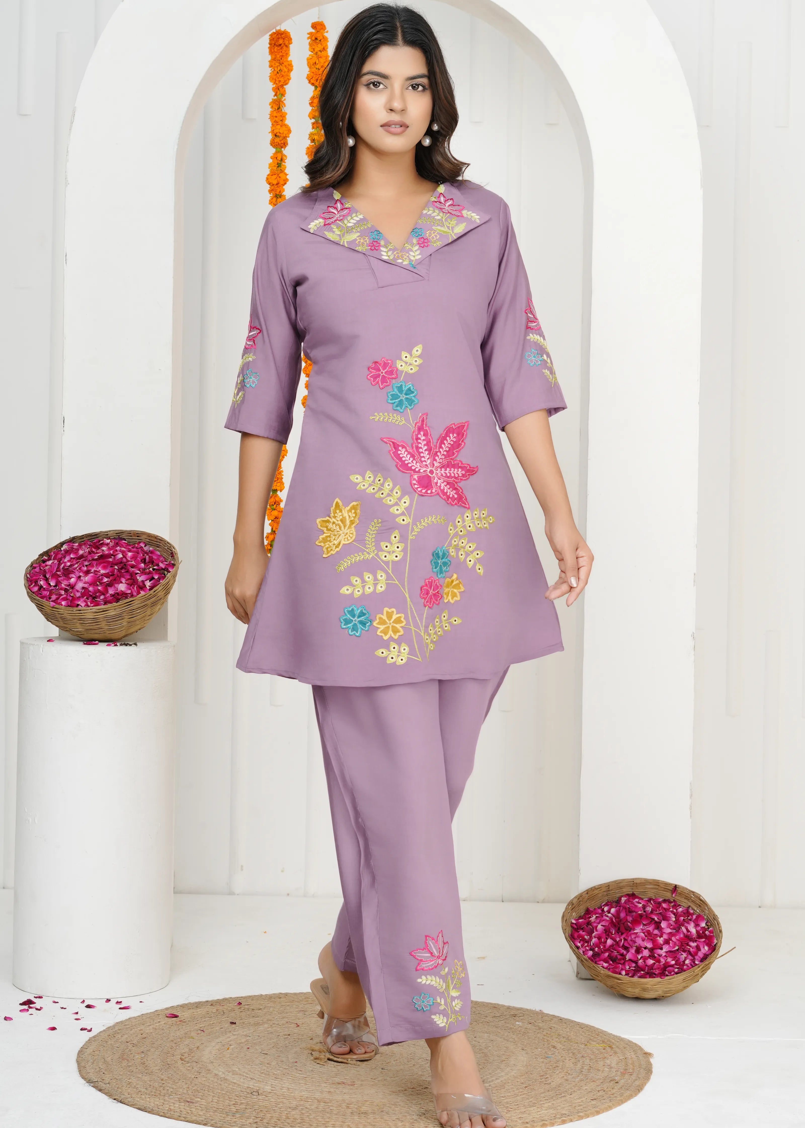 Lilac Lavender Embroidered A-Line Co-ord Set in Roman silk