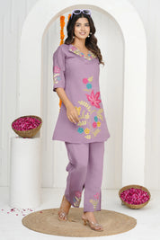 Lilac Lavender Embroidered A-Line Co-ord Set in Roman silk