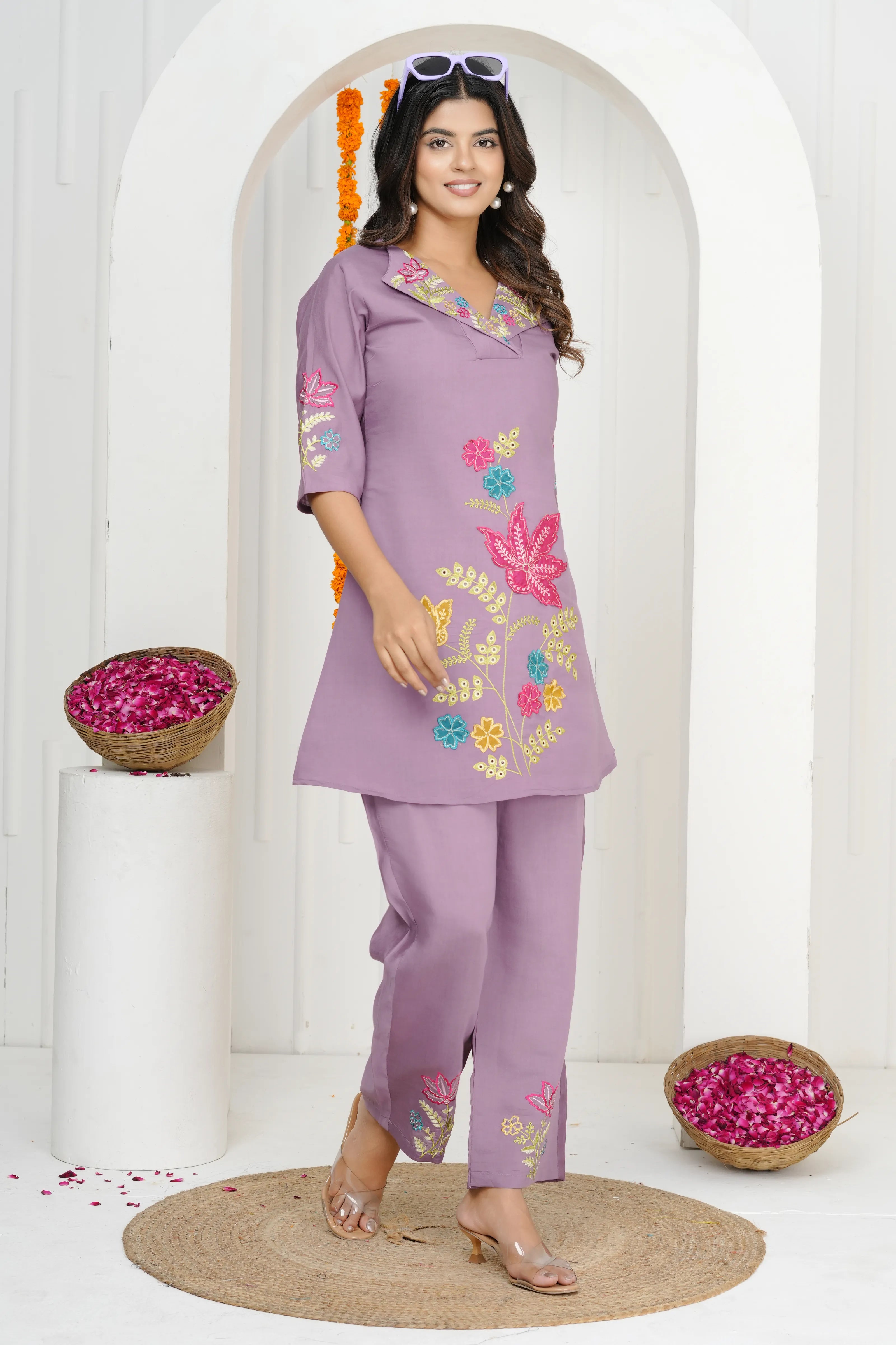 Lilac Lavender Embroidered A-Line Co-ord Set in Roman silk