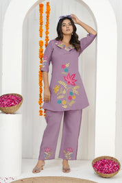 Lilac Lavender Embroidered A-Line Co-ord Set in Roman silk