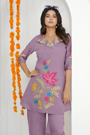Lilac Lavender Embroidered A-Line Co-ord Set in Roman silk