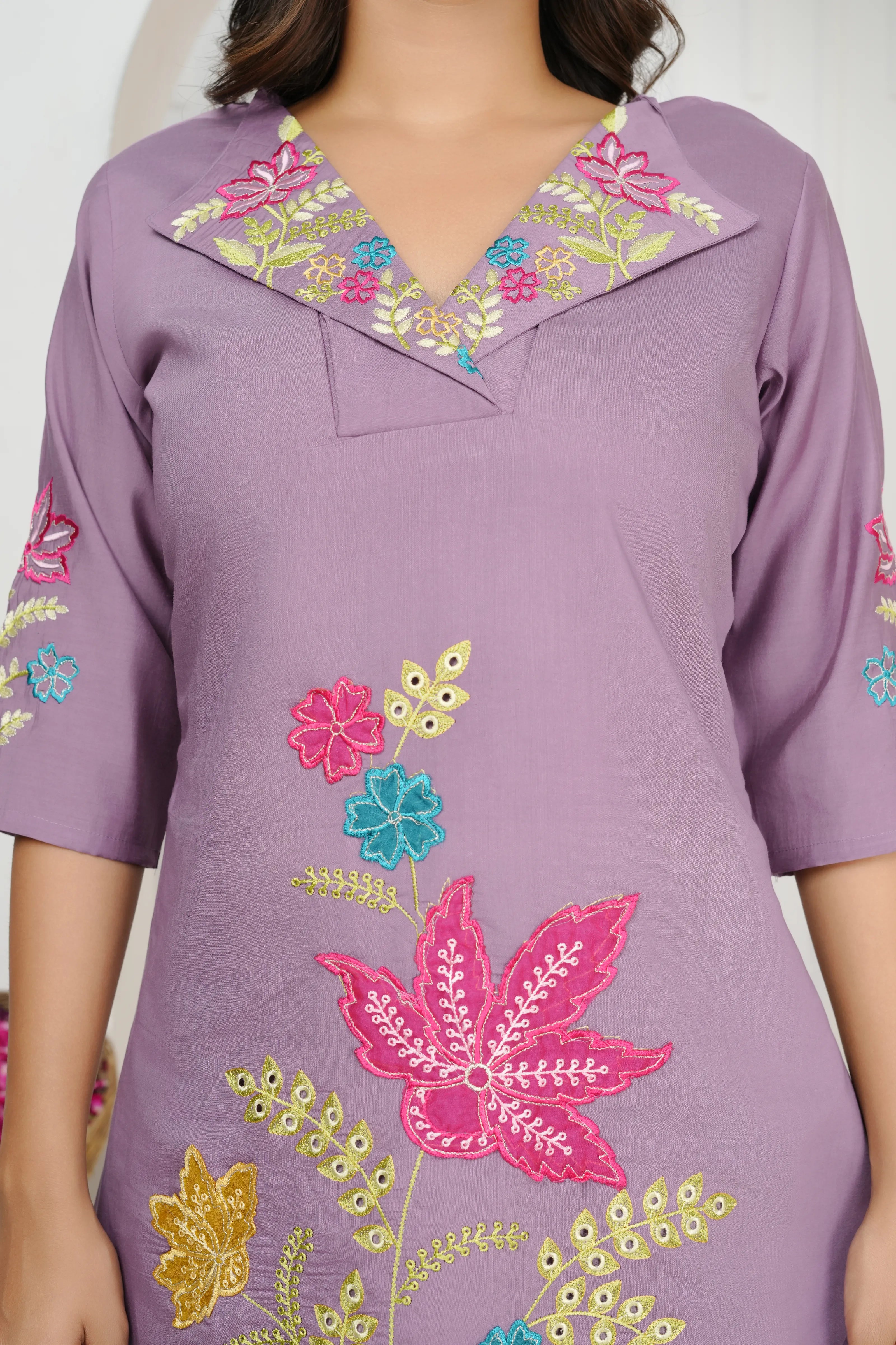 Lilac Lavender Embroidered A-Line Co-ord Set in Roman silk