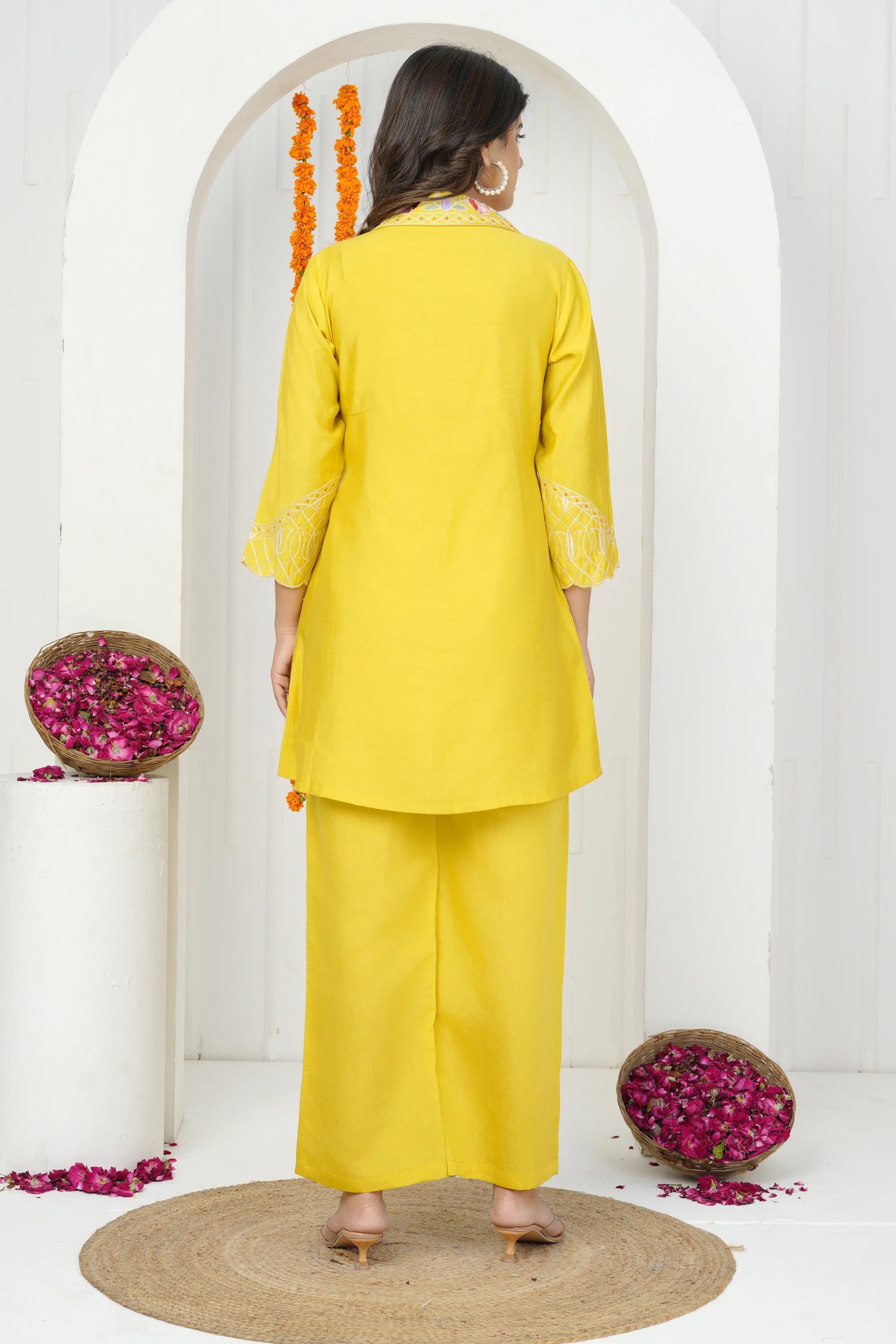 Yellow Base Floral Embroidered Co-ord Set in Yellow Roman Silk