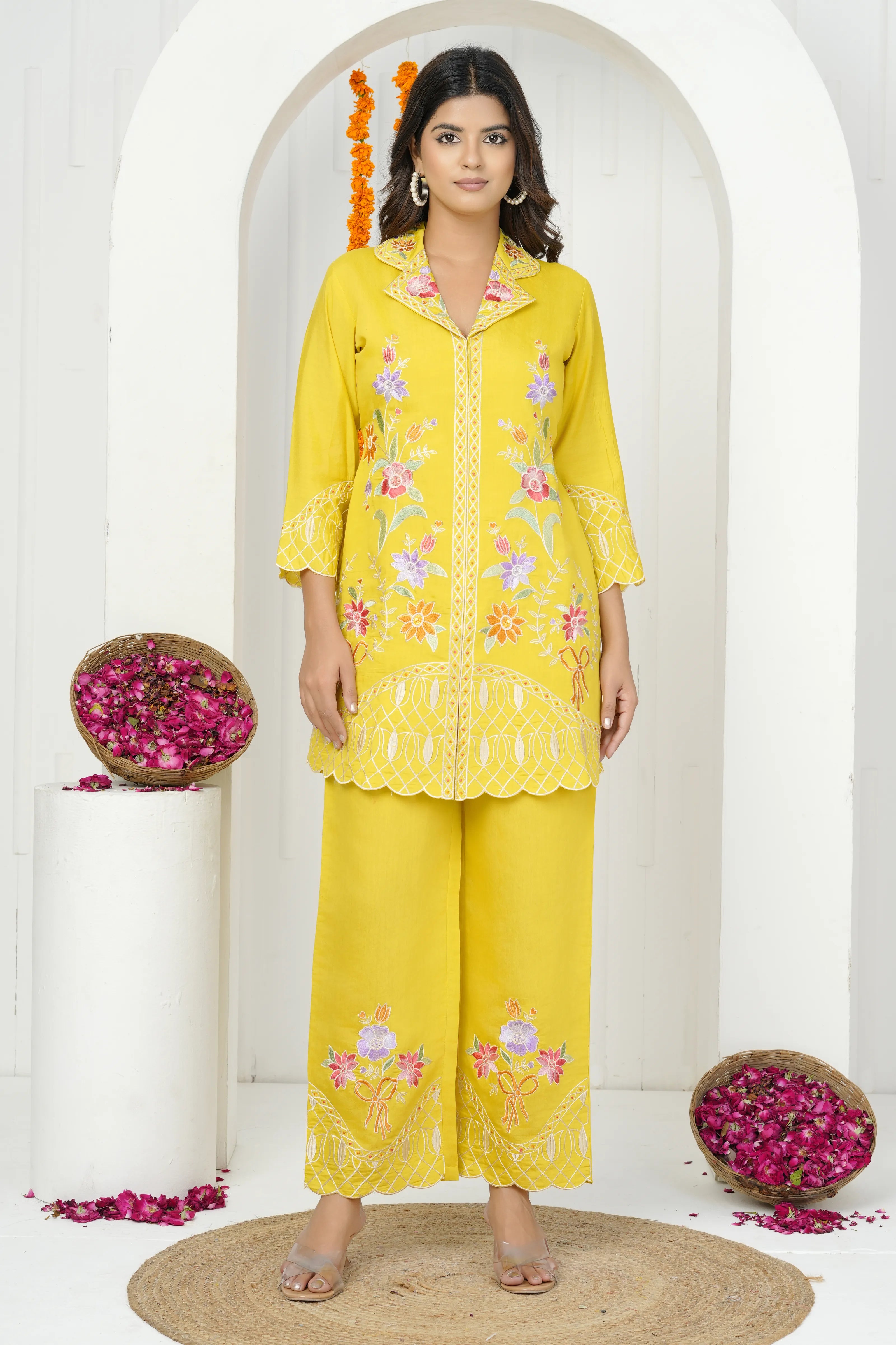 Yellow Base Floral Embroidered Co-ord Set in Yellow Roman Silk