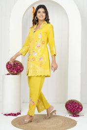 Yellow Base Floral Embroidered Co-ord Set in Yellow Roman Silk