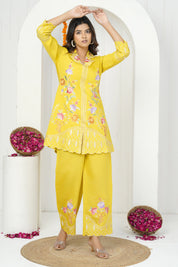 Yellow Base Floral Embroidered Co-ord Set in Yellow Roman Silk
