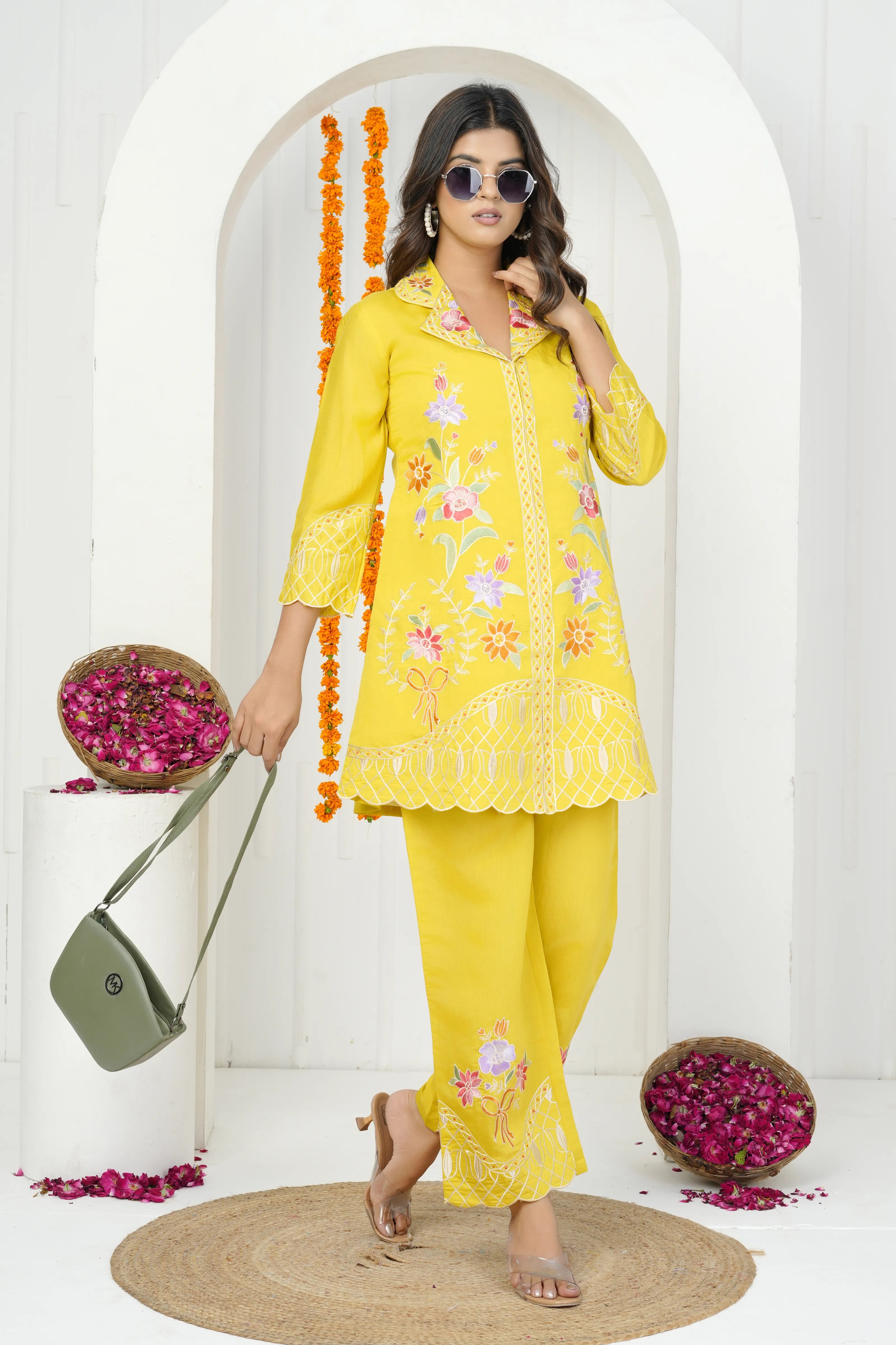 Yellow Base Floral Embroidered Co-ord Set in Yellow Roman Silk