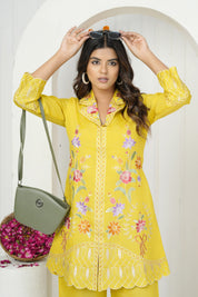 Yellow Base Floral Embroidered Co-ord Set in Yellow Roman Silk
