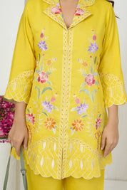 Yellow Base Floral Embroidered Co-ord Set in Yellow Roman Silk