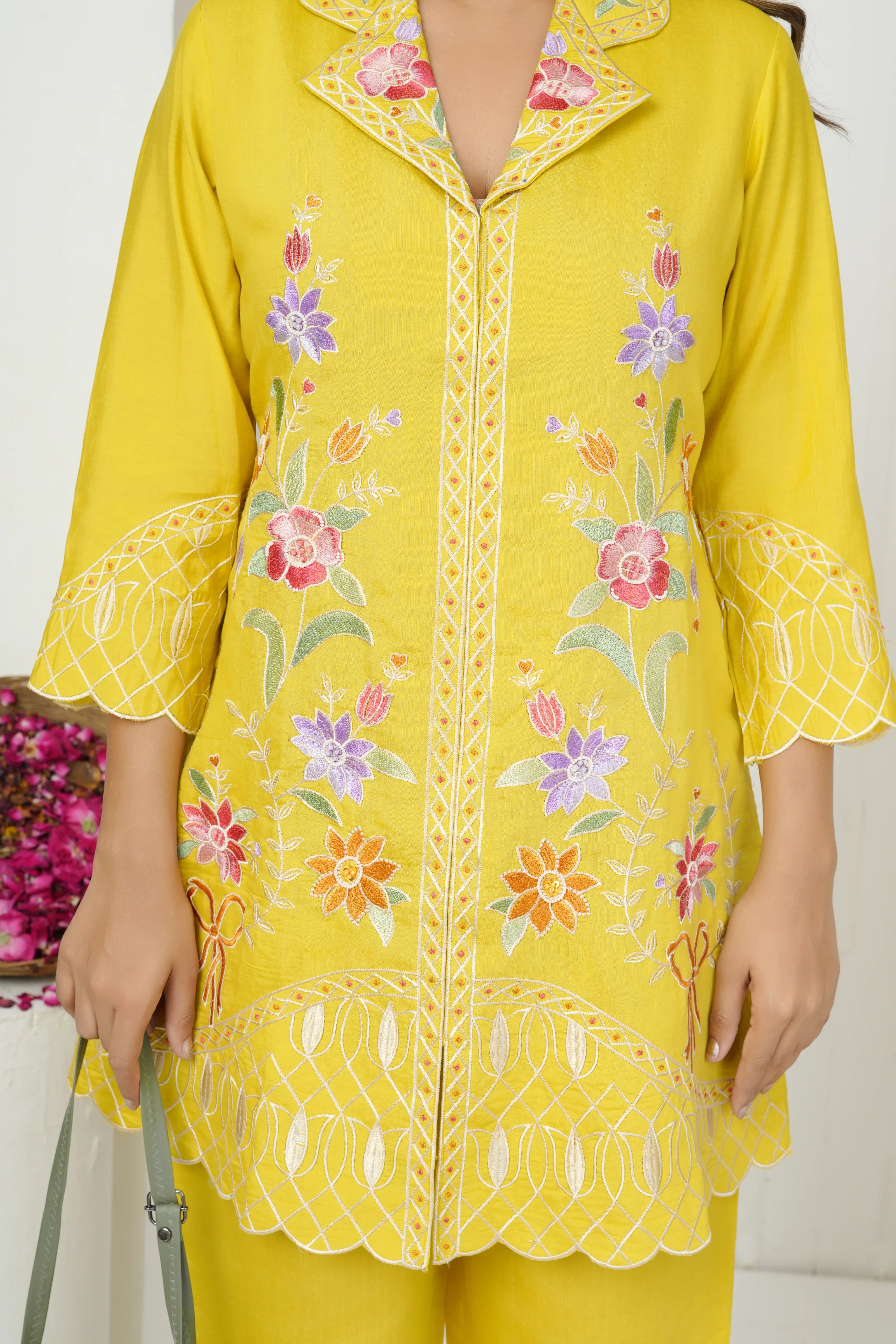 Yellow Base Floral Embroidered Co-ord Set in Yellow Roman Silk