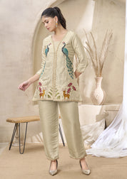 Ivory Base Peacock Embroidered Roman Glass Co-ord Set