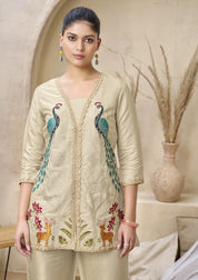 Ivory Base Peacock Embroidered Roman Glass Co-ord Set