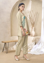 Ivory Base Peacock Embroidered Roman Glass Co-ord Set