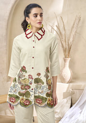 Pastel Base Embroidered Kurti Co-Ord Set