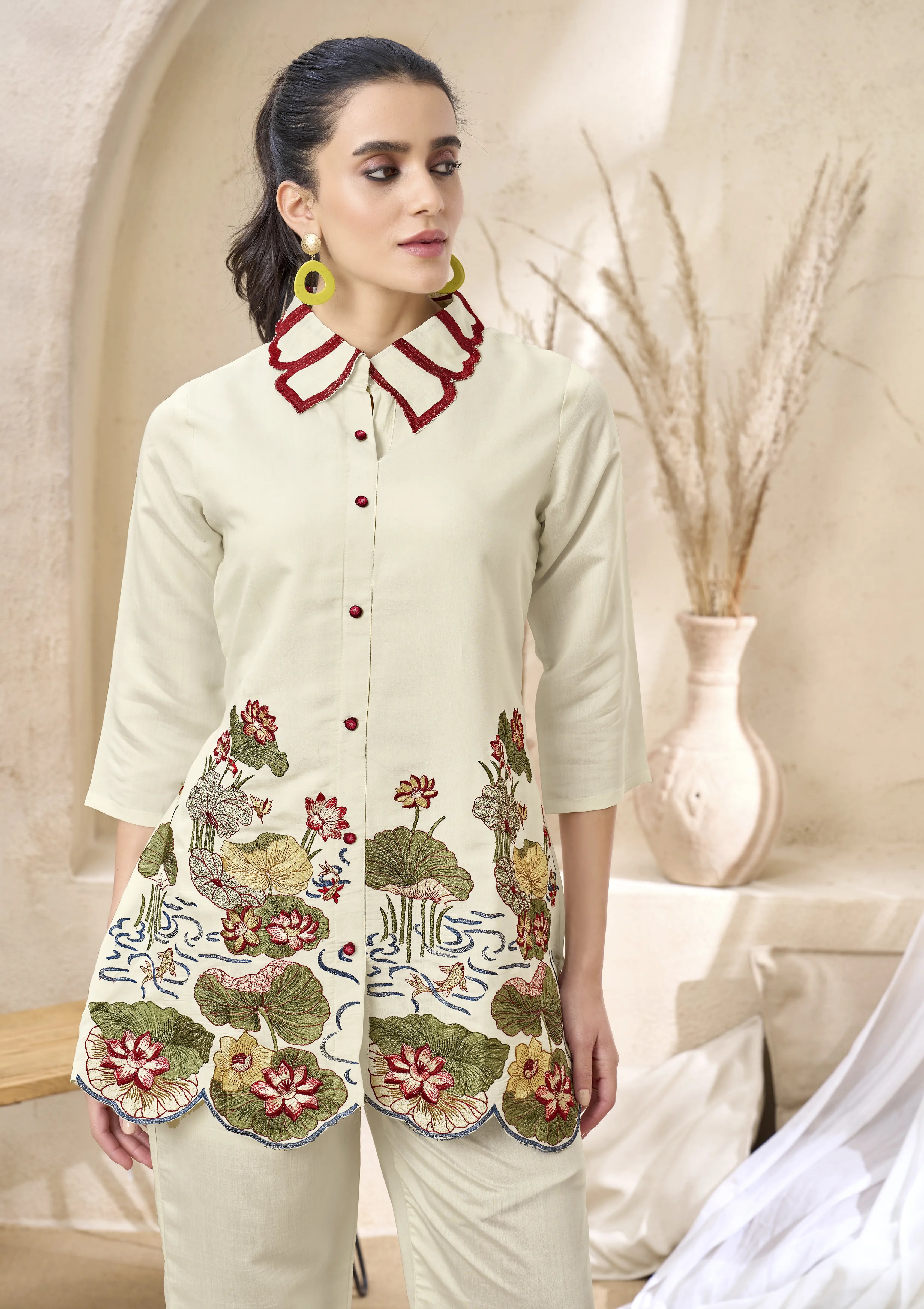 Pastel Base Embroidered Kurti Co-Ord Set