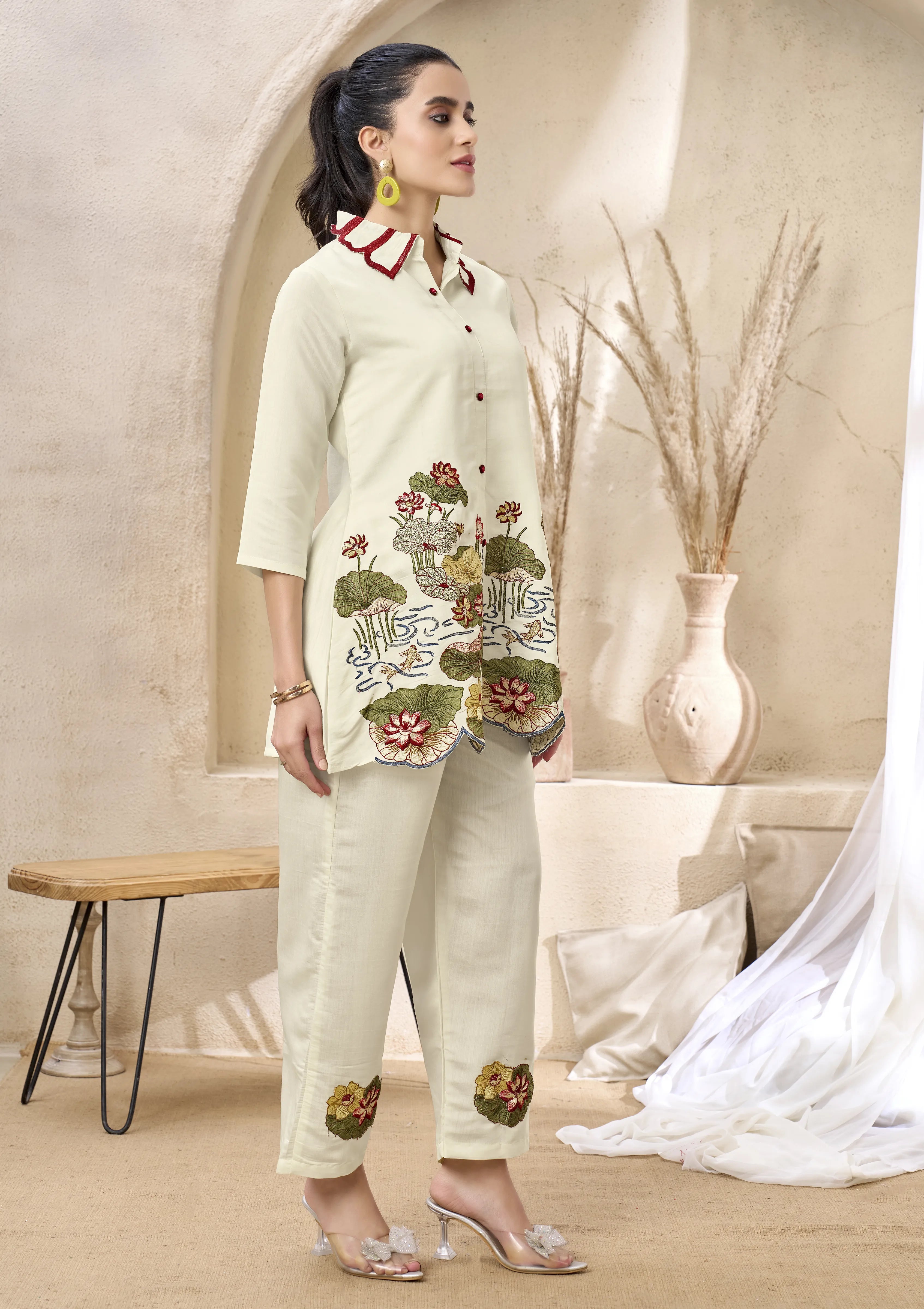 Pastel Base Embroidered Kurti Co-Ord Set