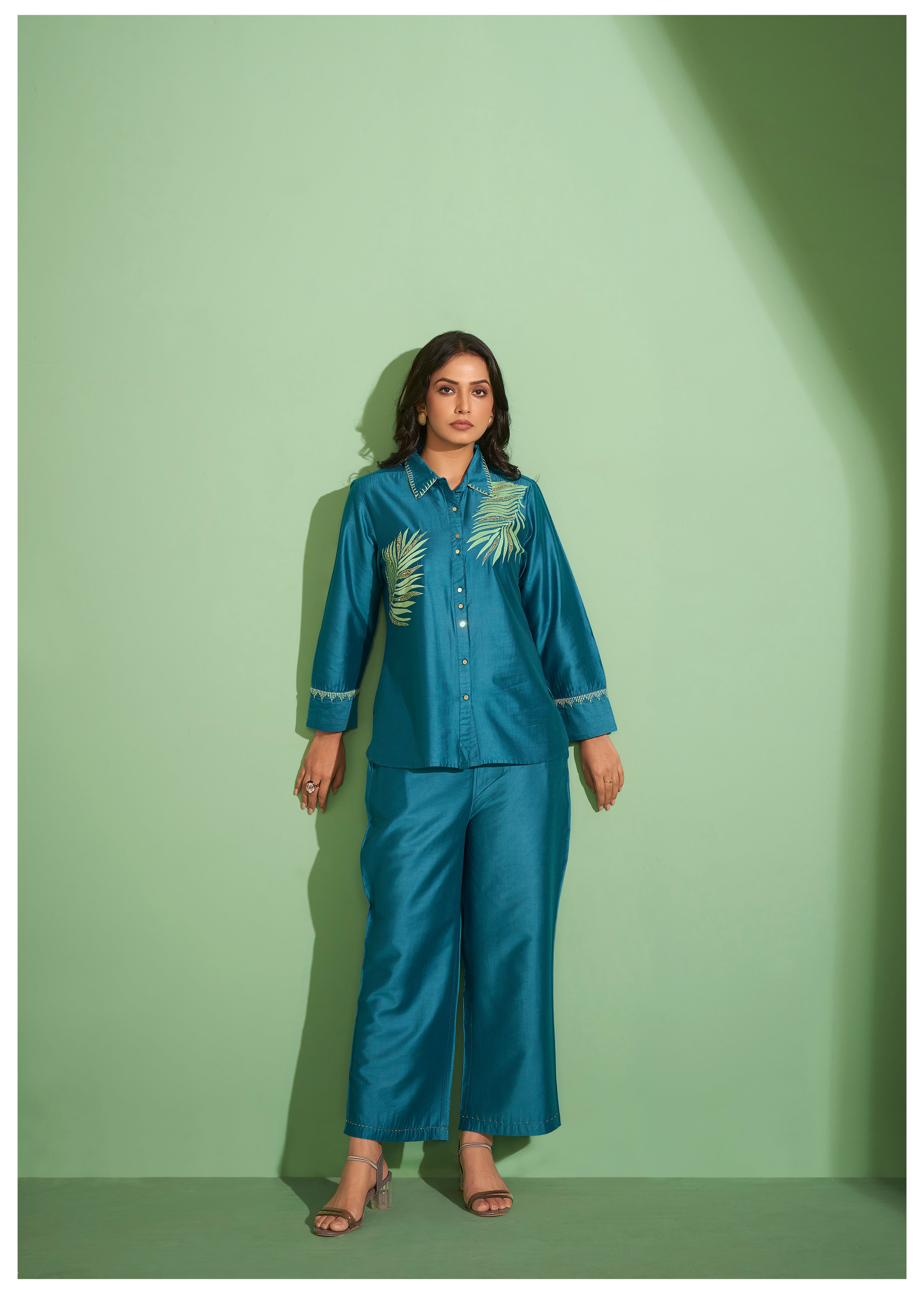 Teal Blue Palm Leaf Embroidered Cotton-Modal Co-Set