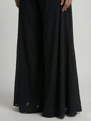 Black Embroidered Three-Piece Set with Cape Jacket & Tassel Details In Georgette & Chinon