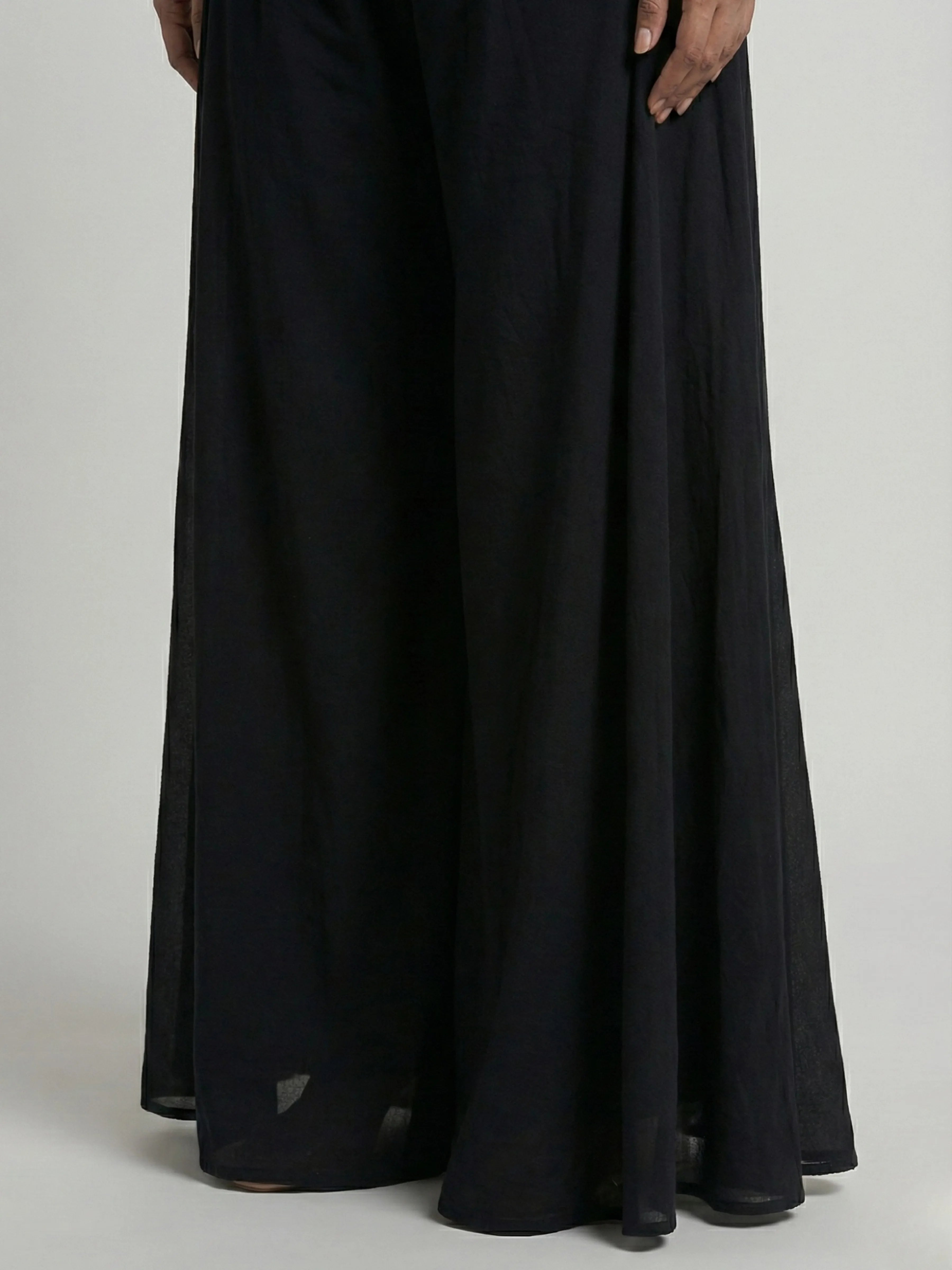 Black Embroidered Three-Piece Set with Cape Jacket & Tassel Details In Georgette & Chinon