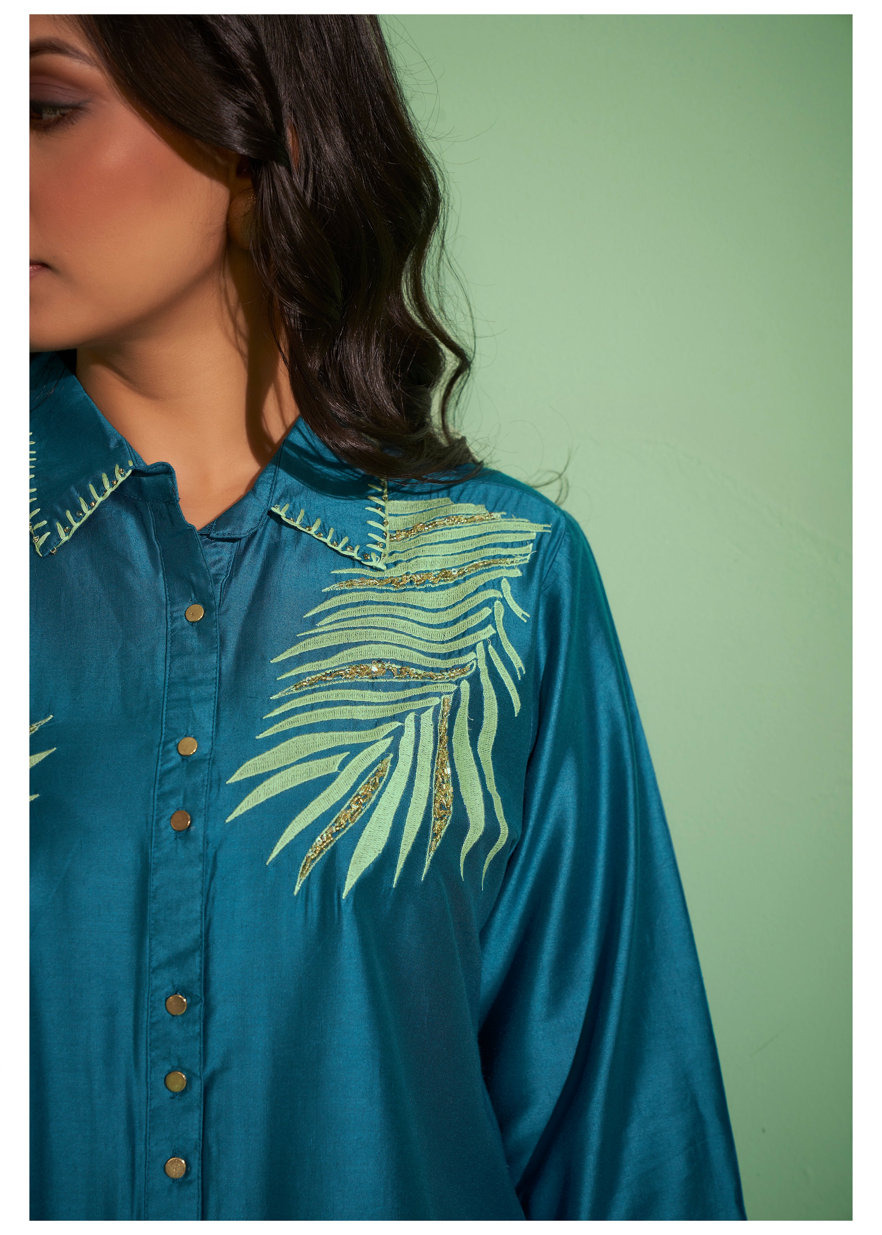 Teal Blue Palm Leaf Embroidered Cotton-Modal Co-Set