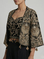 Black Embroidered Three-Piece Set with Cape Jacket & Tassel Details In Georgette & Chinon