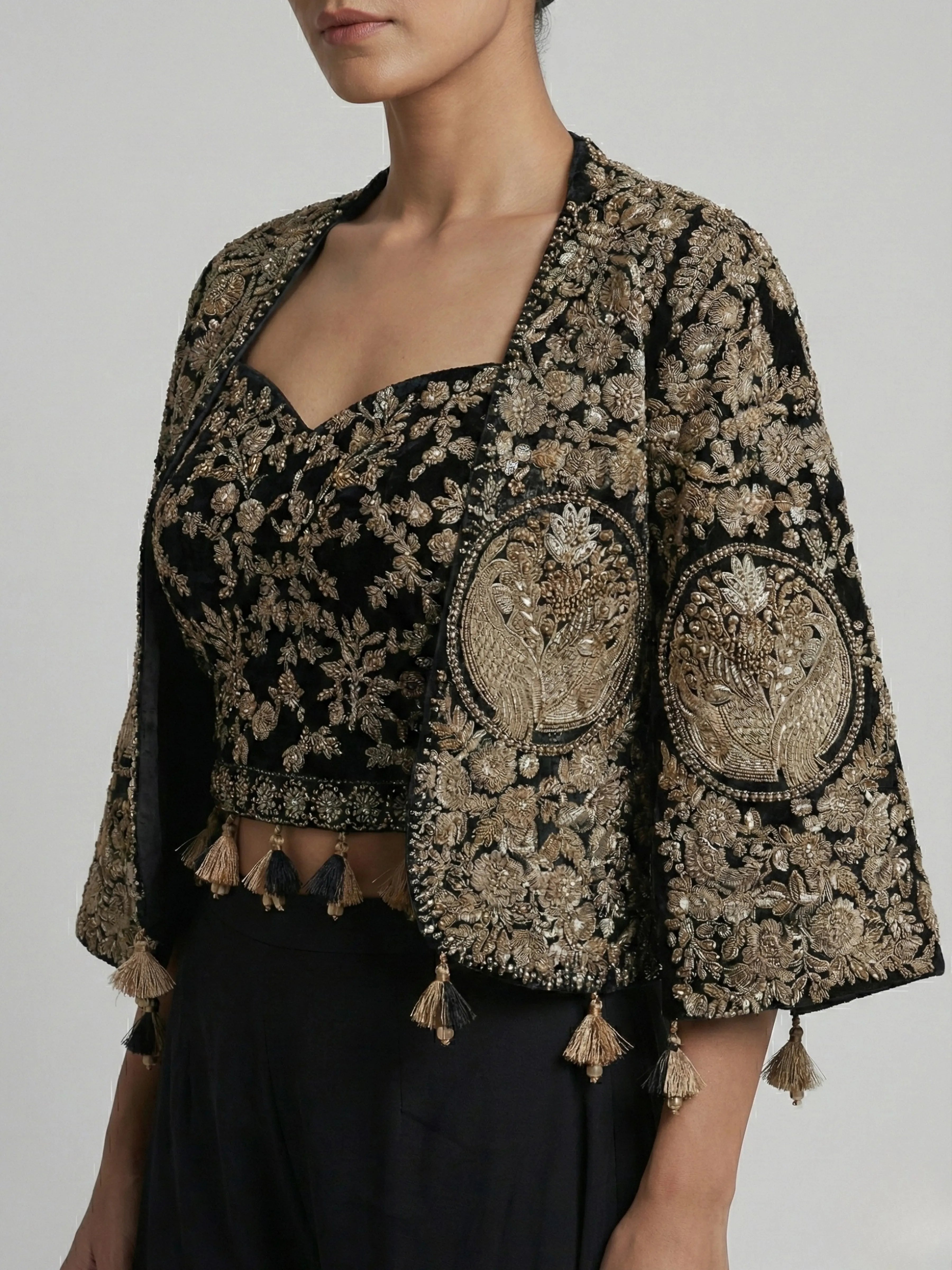 Black Embroidered Three-Piece Set with Cape Jacket & Tassel Details In Georgette & Chinon