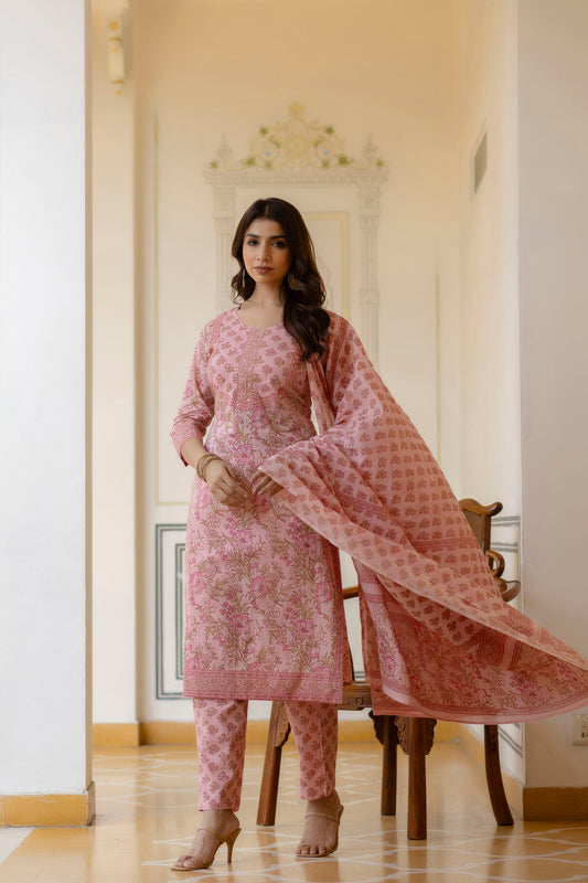 Pink Printed & Embellished Cotton Kurta with Trousers & With Dupatta
