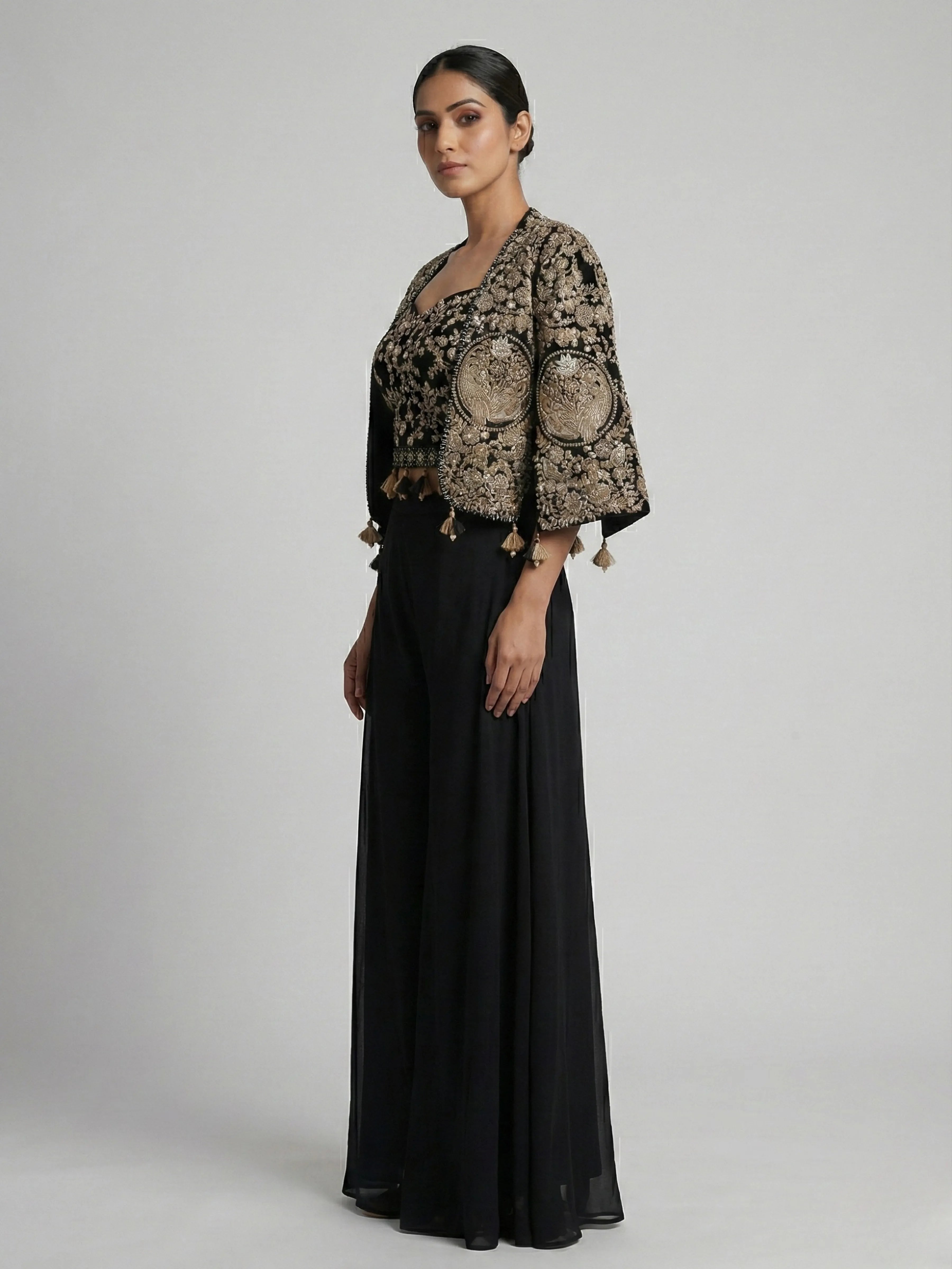 Black Embroidered Three-Piece Set with Cape Jacket & Tassel Details In Georgette & Chinon
