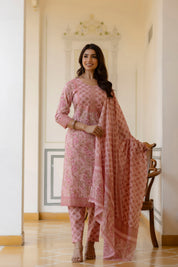 Pink Printed & Embellished Cotton Kurta with Trousers & With Dupatta - Kaftanize