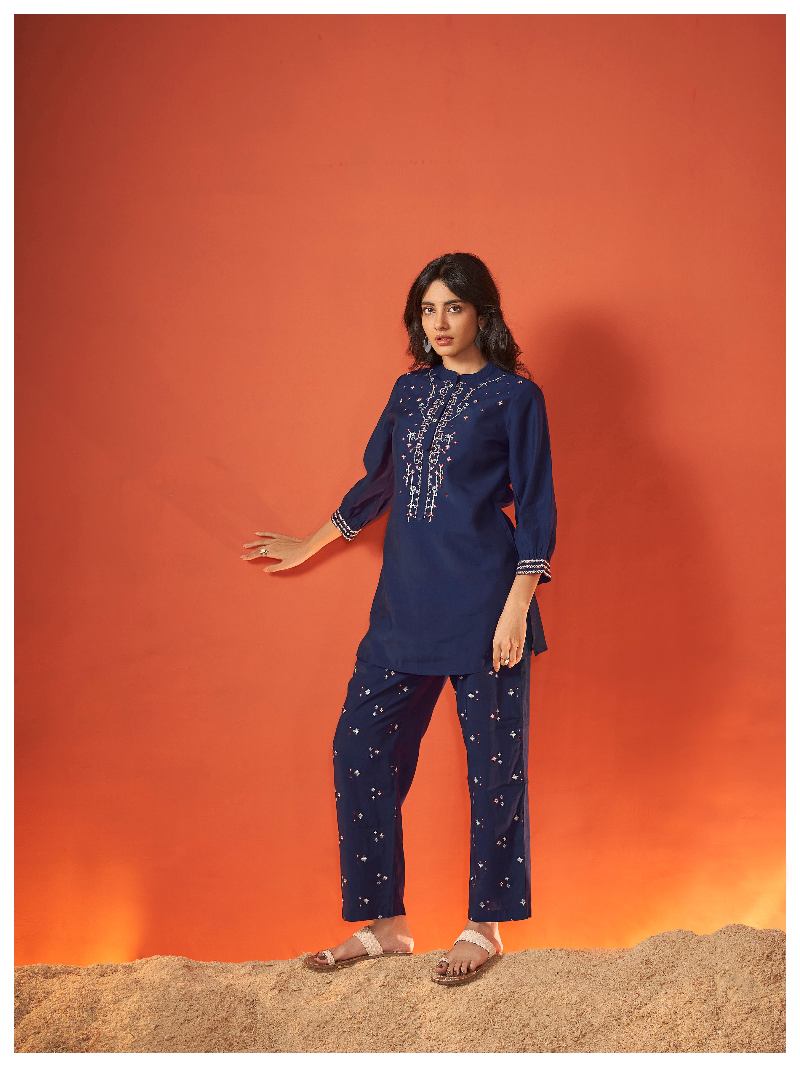 Navy Blue embroidered 3/4th sleeve Viscose co-Ord set