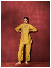 Solid yellow embroidered 3/4th sleeve Viscose co-Ord set