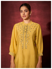 Solid yellow Embroidered 3/4th Sleeve Viscose co-Ord set