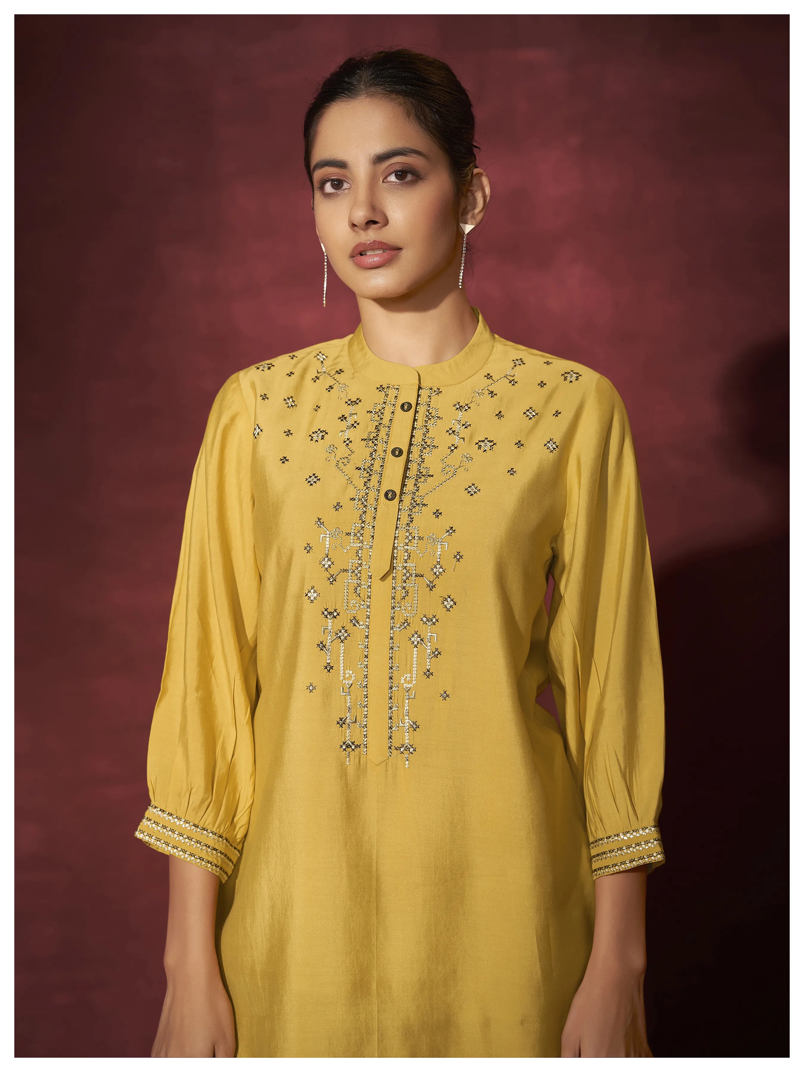 Solid yellow Embroidered 3/4th Sleeve Viscose co-Ord set