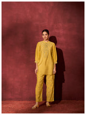 Solid yellow embroidered 3/4th sleeve Viscose co-Ord set