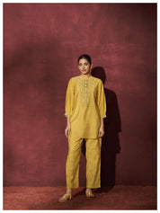 Solid yellow Embroidered 3/4th Sleeve Viscose co-Ord set