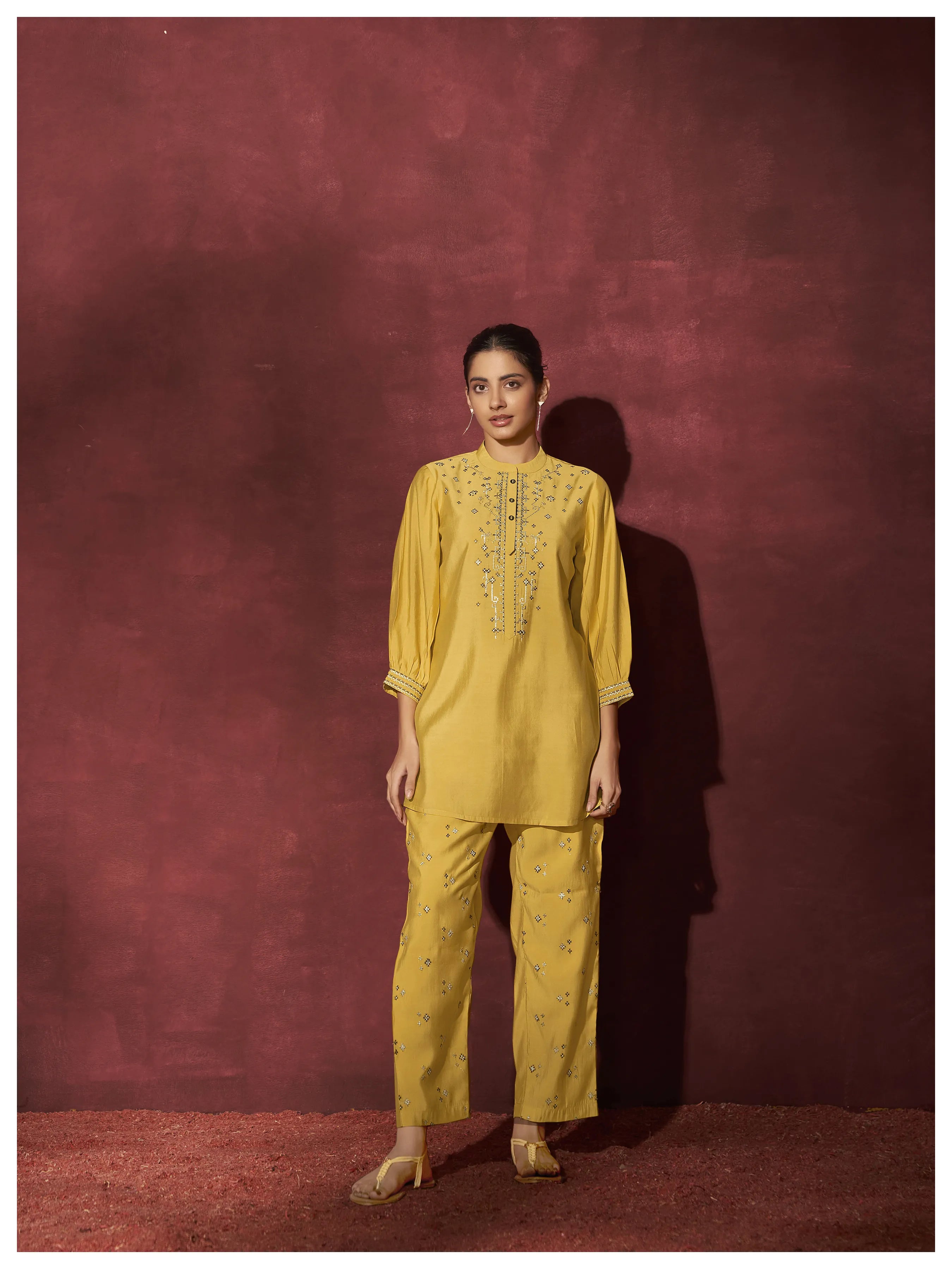Solid yellow Embroidered 3/4th Sleeve Viscose co-Ord set