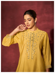 Solid yellow Embroidered 3/4th Sleeve Viscose co-Ord set