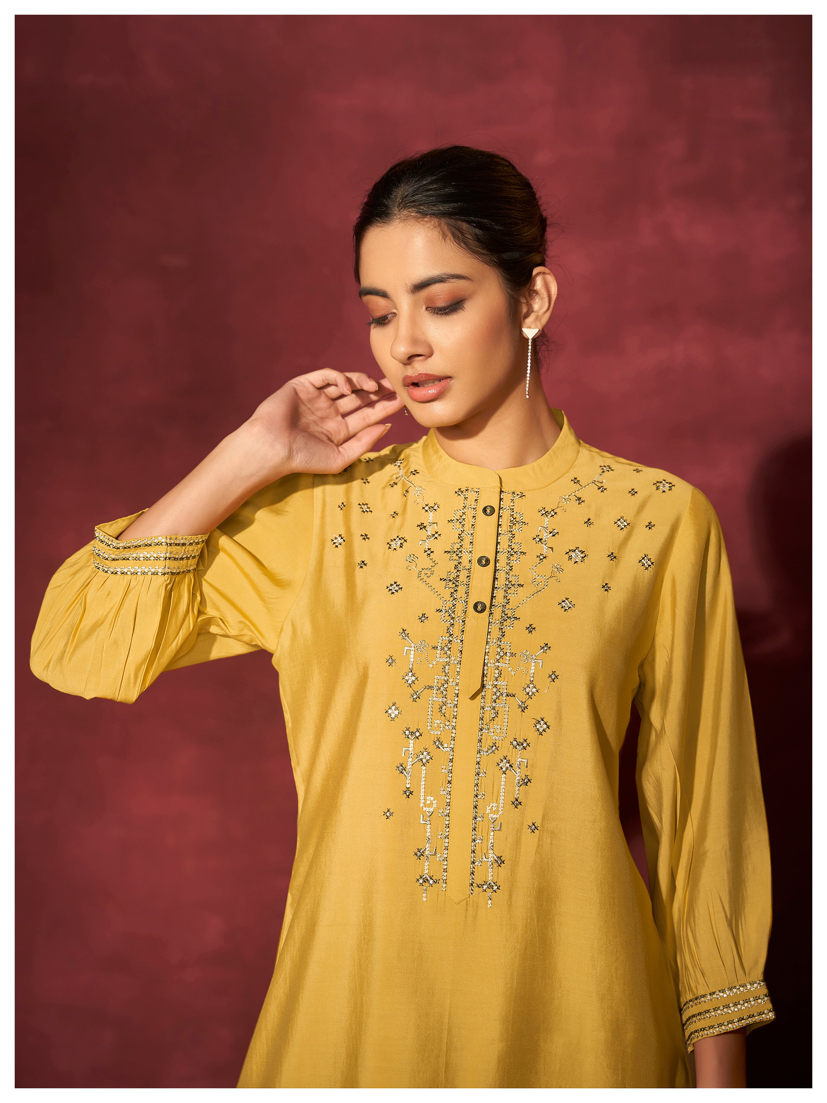 Solid yellow embroidered 3/4th sleeve Viscose co-Ord set