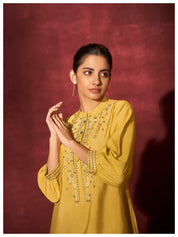 Solid yellow embroidered 3/4th sleeve Viscose co-Ord set