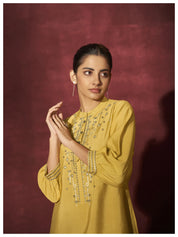 Solid yellow Embroidered 3/4th Sleeve Viscose co-Ord set