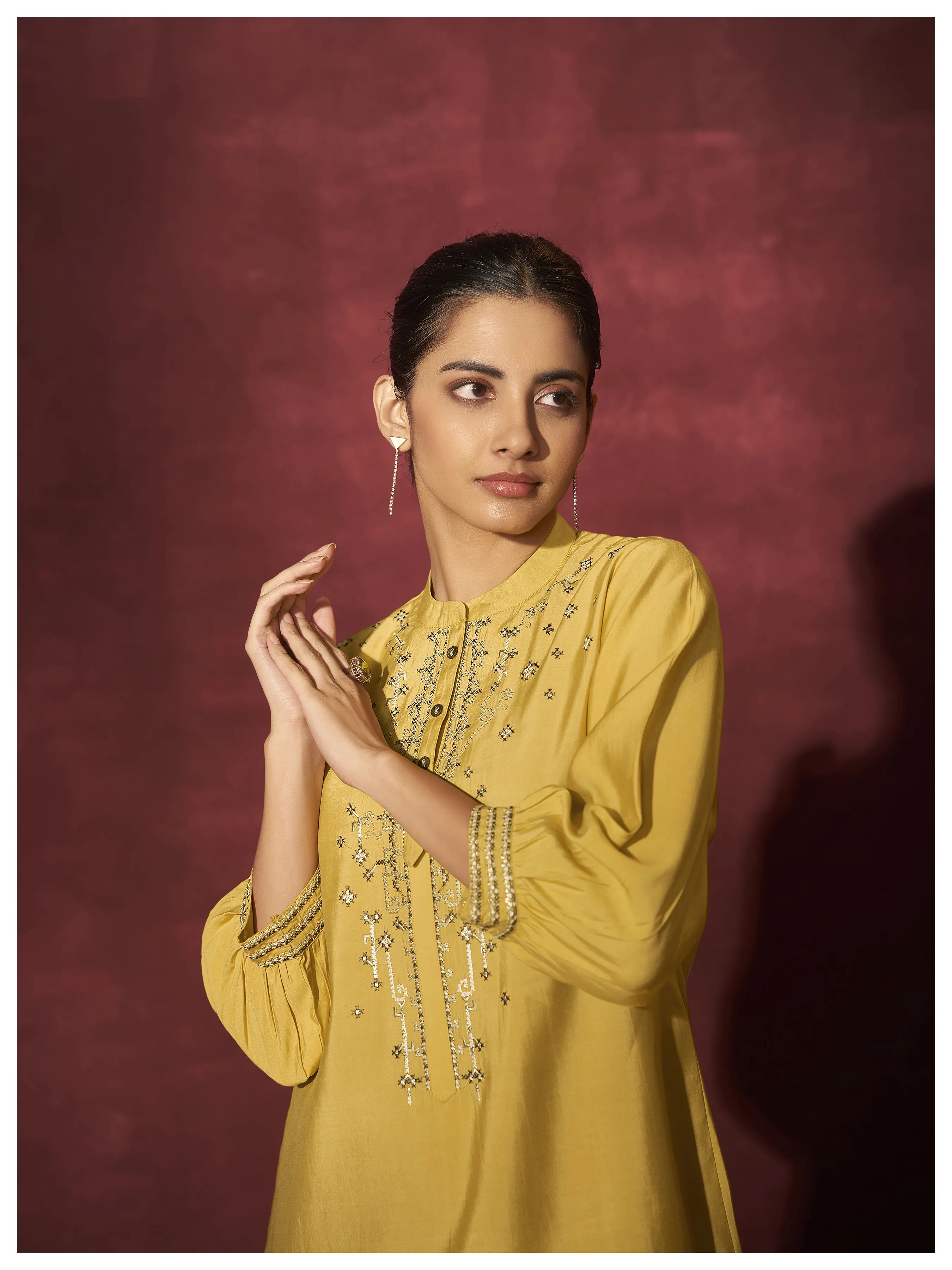 Solid yellow Embroidered 3/4th Sleeve Viscose co-Ord set