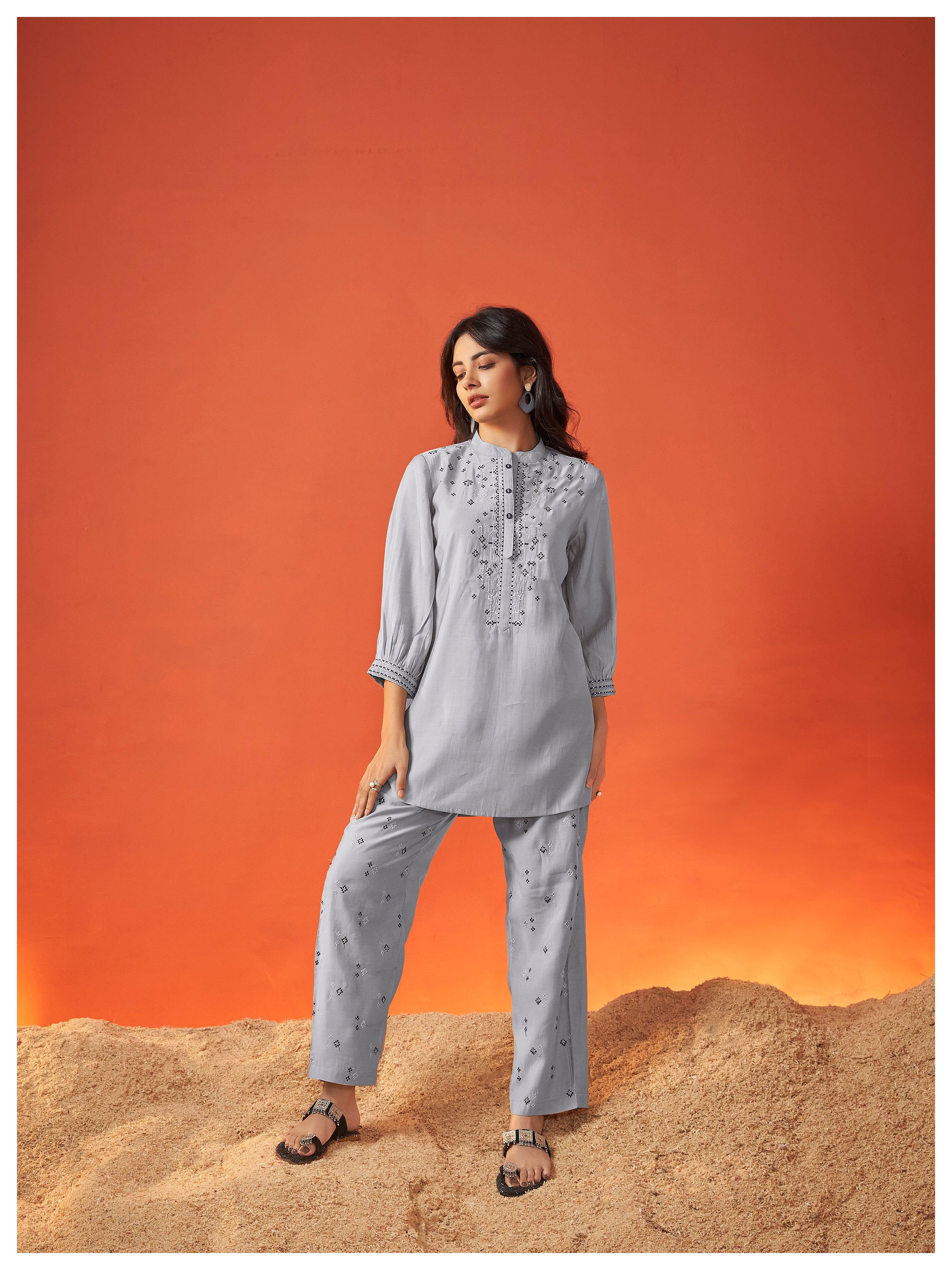 Solid Grey embroidered 3/4th sleeve Viscose co-Ord set