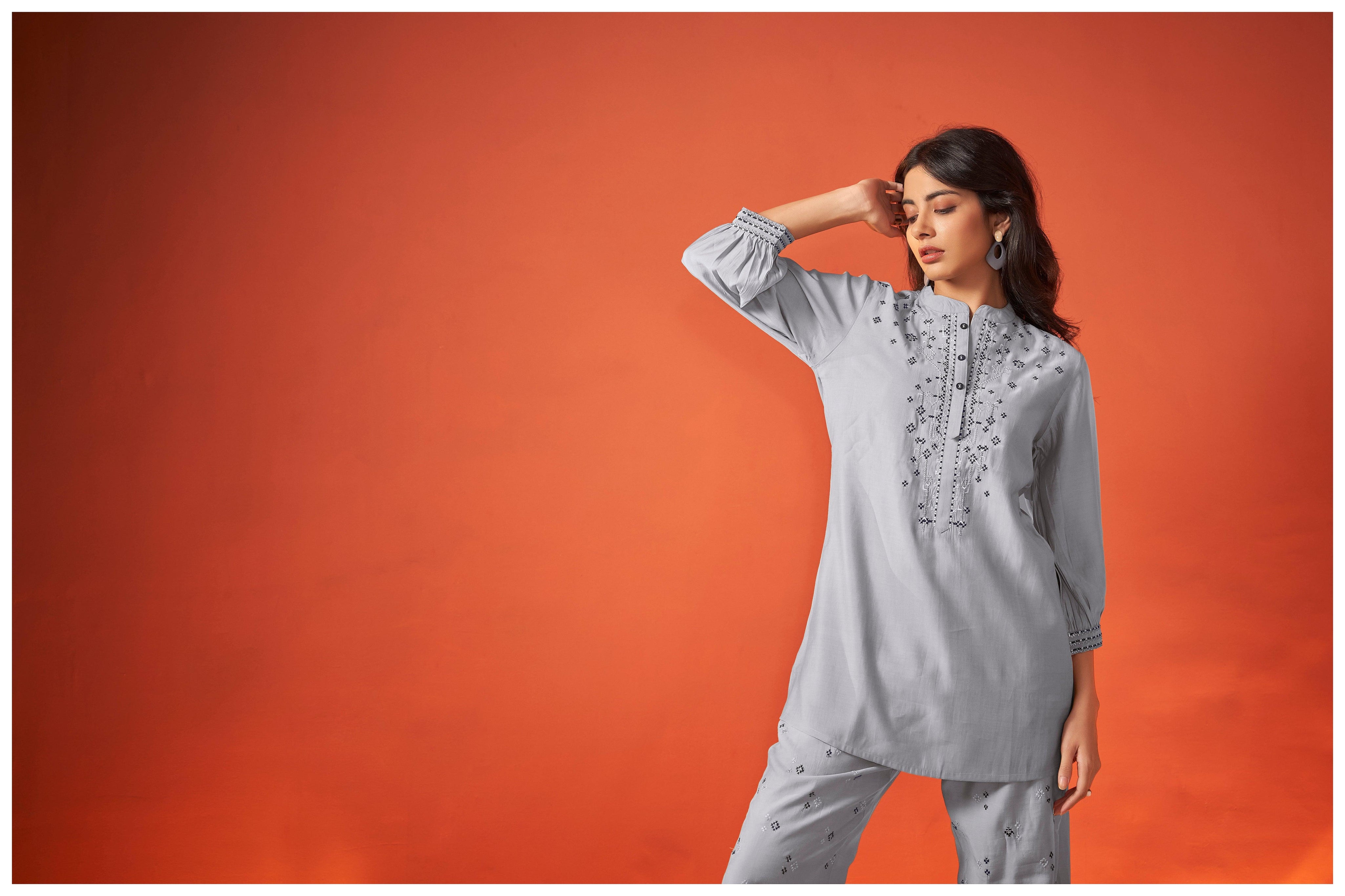 Solid Grey embroidered 3/4th sleeve Viscose co-Ord set