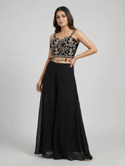 Black Embroidered Three-Piece Set with Cape Jacket & Tassel Details In Georgette & Chinon