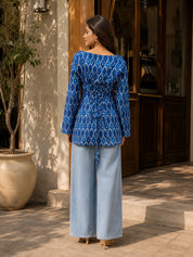 Blue & White Ikat Printed Short Kurti in Cotton